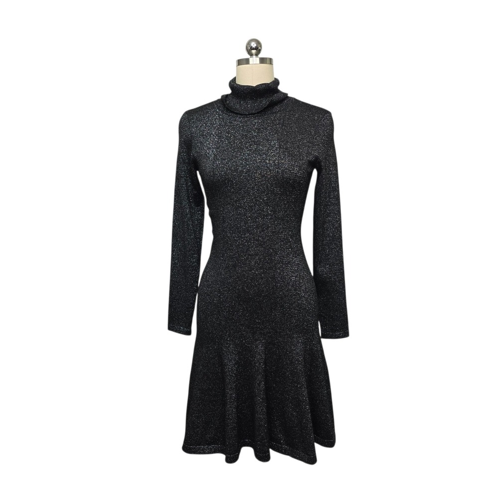 Calvin Klein Womens Black Silver Metallic Shimmer Turtleneck Sweater Dress XS